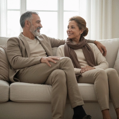 A serene, mature couple reviewing insurance documents in a bright, comfortable living room.