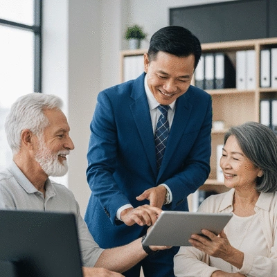 A friendly insurance agent assisting a senior couple with their policy application on a tablet in a well-lit, modern office.