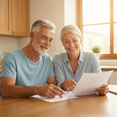Senior couple reviewing financial documents at home, looking content and secure.