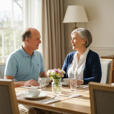 Serene senior couple reviewing financial documents at a sunlit table, feeling secure.