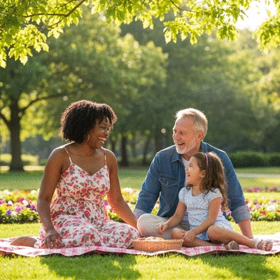 Multi-generational family walking together in a park, symbolizing legacy and future security.